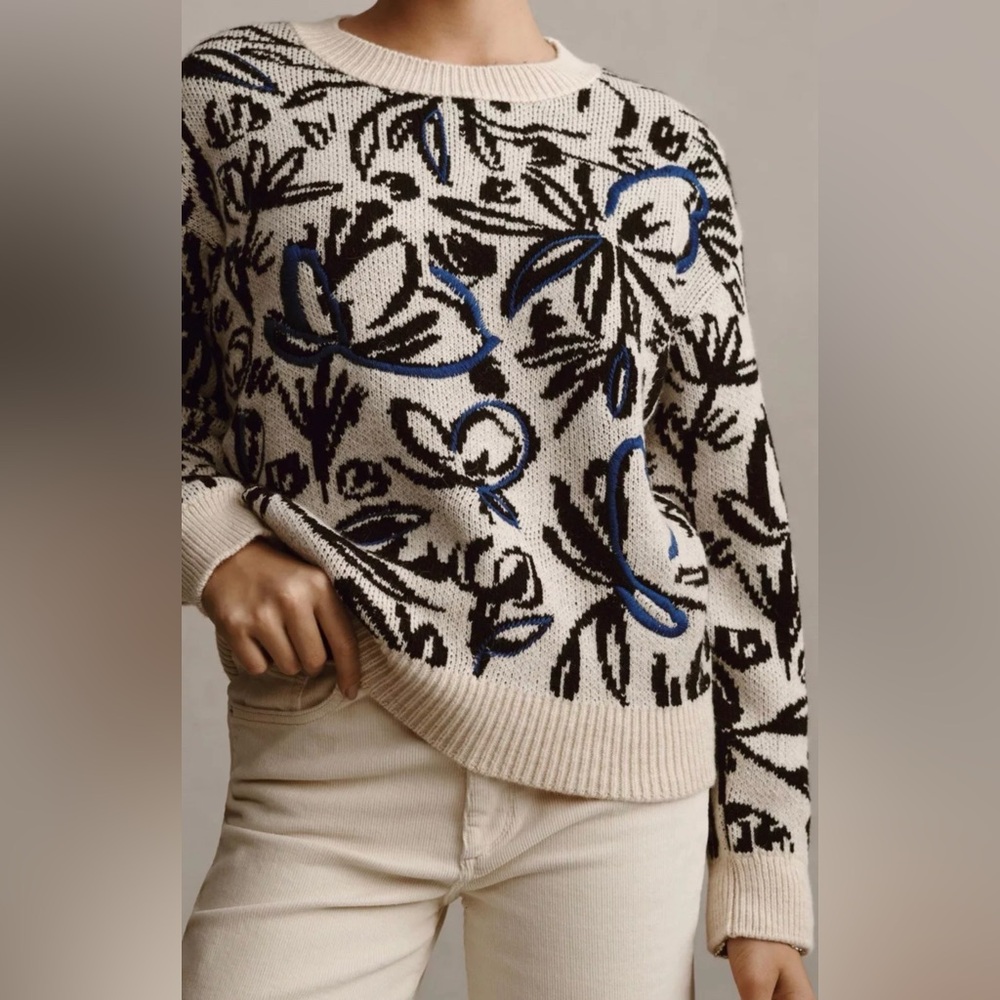 Anthropologie Women’s Floral Pop Embroidered Sweater - Blue - Size XS